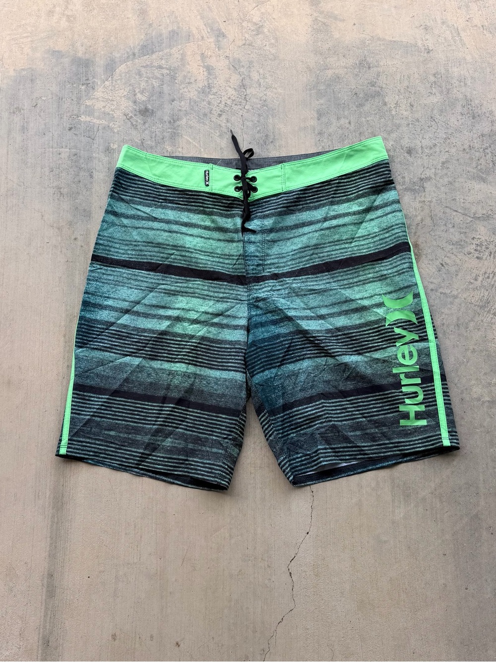 Hurley Teal and Neon Green Stripe Board Shorts